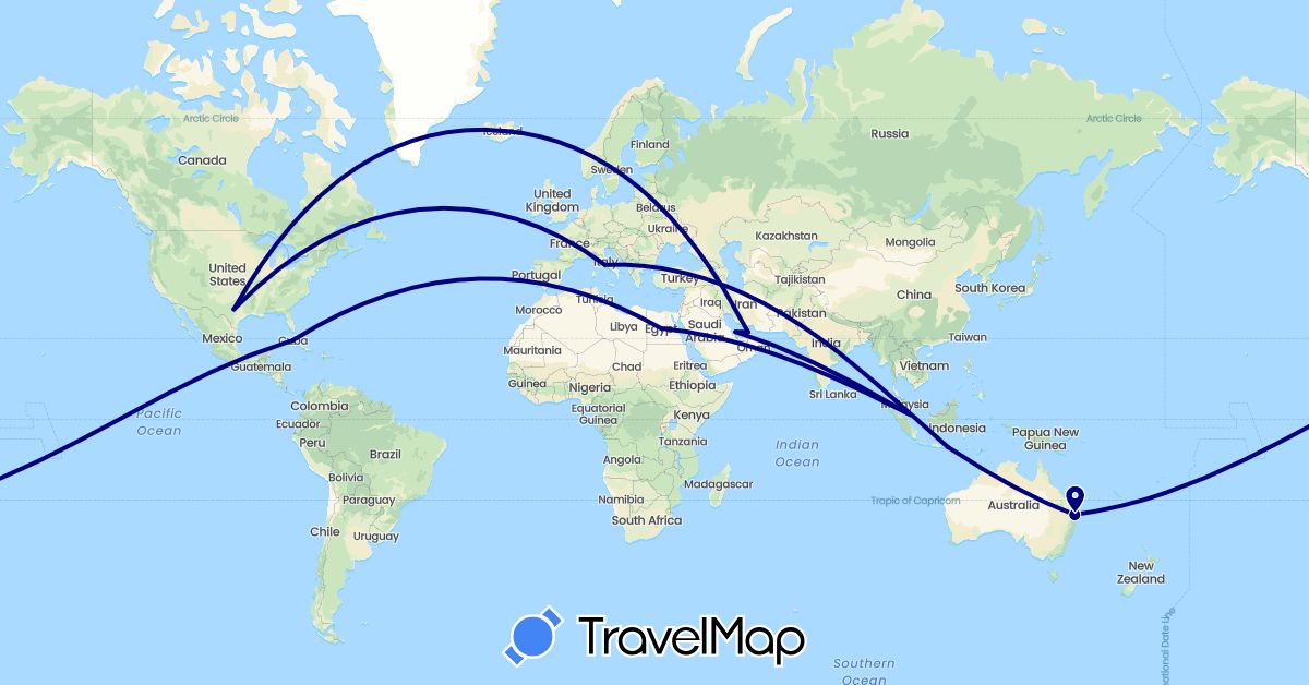 TravelMap itinerary: driving in United Arab Emirates, Australia, Cuba, Egypt, Indonesia, Iceland, Italy, Qatar, Singapore, United States (Africa, Asia, Europe, North America, Oceania)